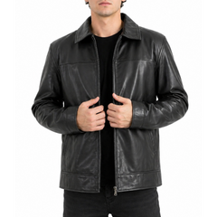 Men's Black Short Length Zip up Genuine Leather Coat