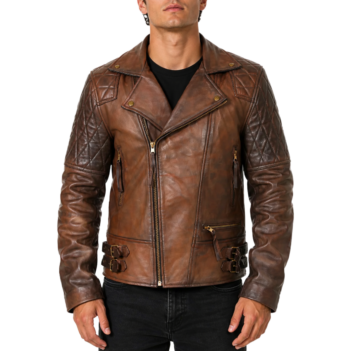 Men’s Classic Diamond Motorcycle Biker Brown Distressed Vintage Leather Jacket