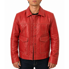 Fight Club Tyler Durden Brad Pitt Red Genuine Sheepskin Leather Jacket