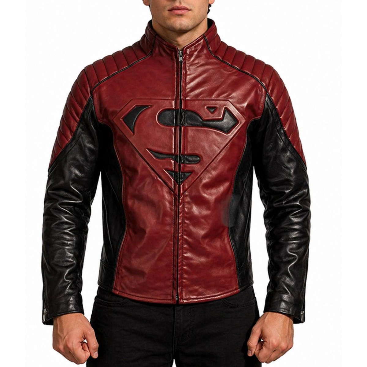 Mens Fashion Padded Shoulder Black & Maroon Comic leather Jacket