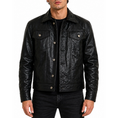 Custom Denim Shirt Style Leather Jacket