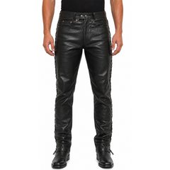Men's Side Lace up Leather Pant Jeans Trouser - 5 Pockets Design Pant - Motorcycle Biker Style Outerwear Black