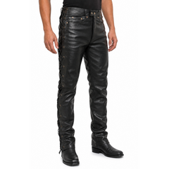 Men's Side Lace up Leather Pant Jeans Trouser - 5 Pockets Design Pant - Motorcycle Biker Style Outerwear Black