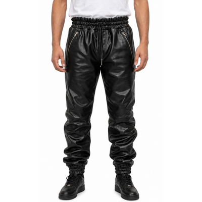 Men's Black Real Soft Genuine Leather Trousers Sweat Track Jogging