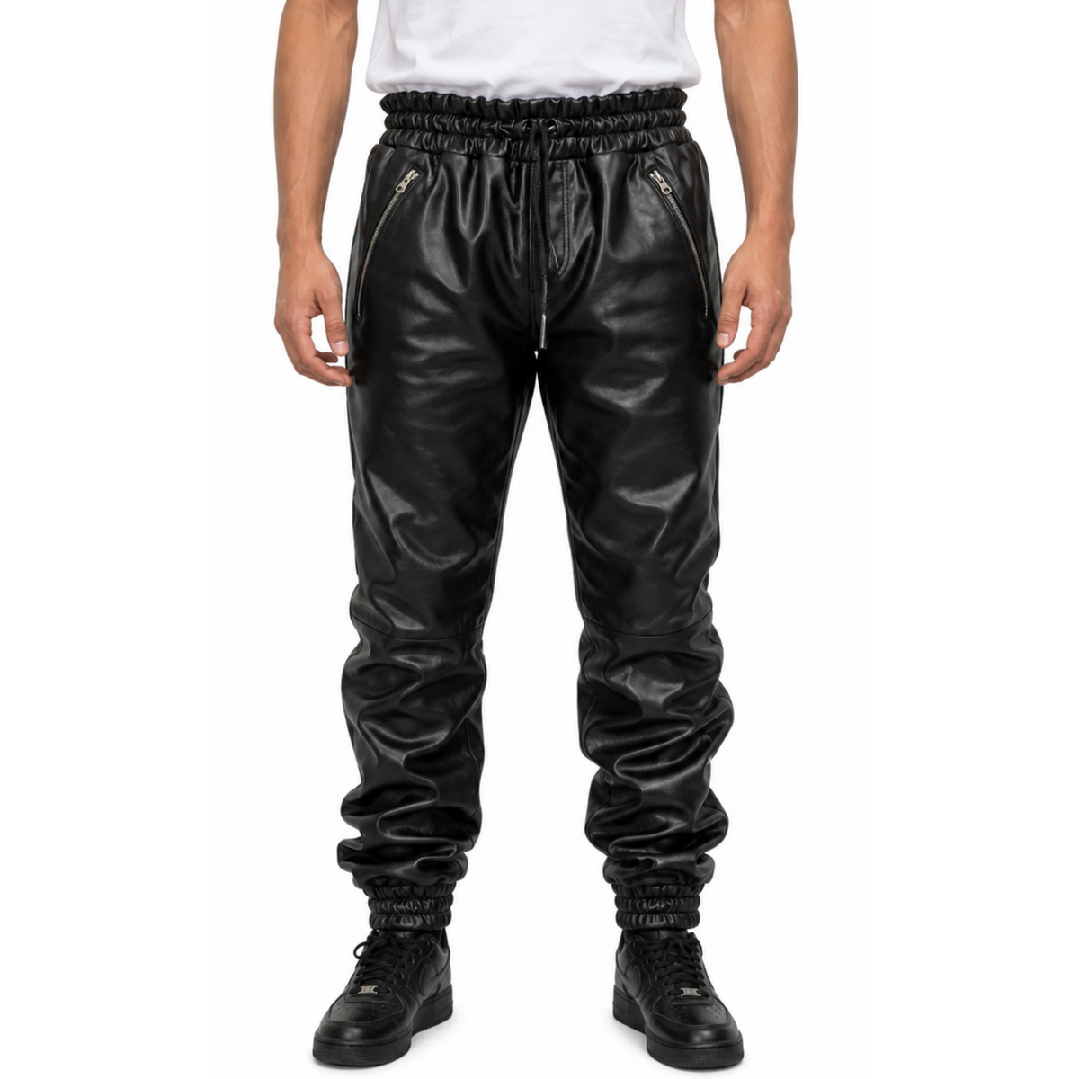 Men's Black Real Soft Genuine Leather Trousers Sweat Track Jogging Pant