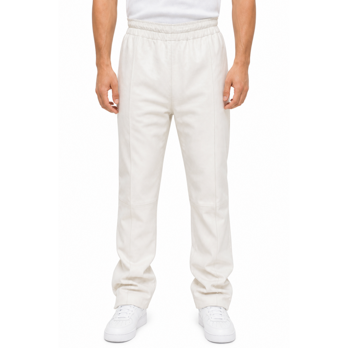 White Leather Jogging Pant With Blue Stripes