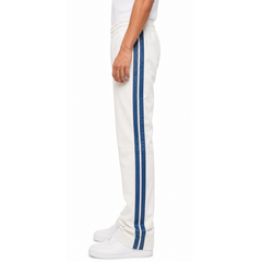 White Leather Jogging Pant With Blue Stripes