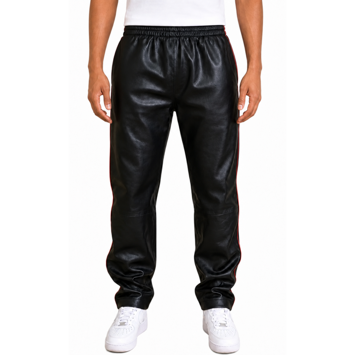 Mens Black Leather Sports Jogging Trousers With Double Red Stripes