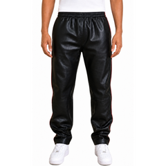 Mens Black Leather Sports Jogging Trousers With Double Red Stripes
