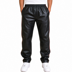 Mens Black Leather Sports Jogging Trousers With Double Red Stripes