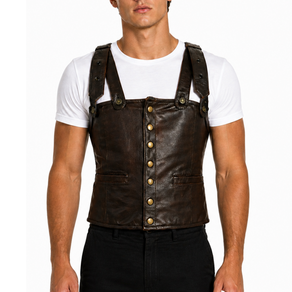 Mens Rapper Style Strap Lambskin Leather Vest