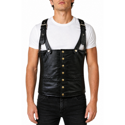 Mens Black Rapper Style Strap Lambskin Leather Vest – South Beach