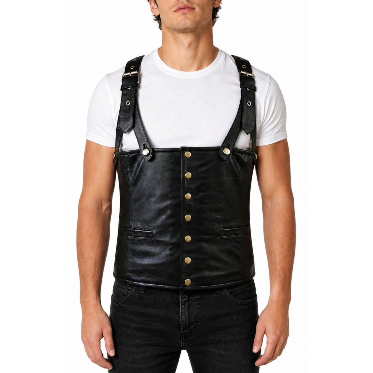 Mens Black Rapper Style Strap Lambskin Leather Vest