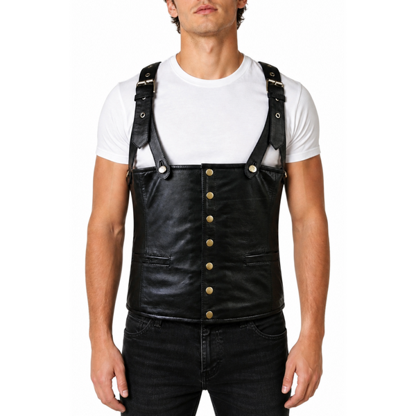 Mens Black Rapper Style Strap Lambskin Leather Vest – South Beach