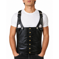 Mens Black Rapper Style Strap Lambskin Leather Vest