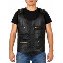 Men's Black Rapper Style Strap Lambskin Leather Vest