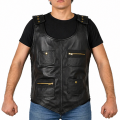 Men's Black Rapper Style Strap Lambskin Leather Vest