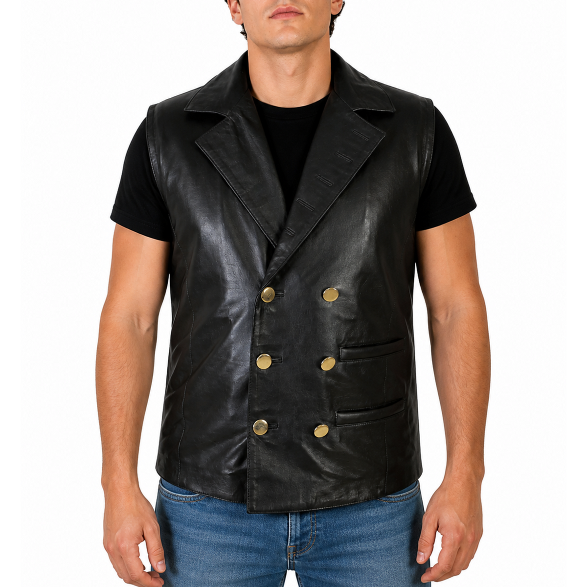 Mens Motorcycle Biker Button Down Leather Vest