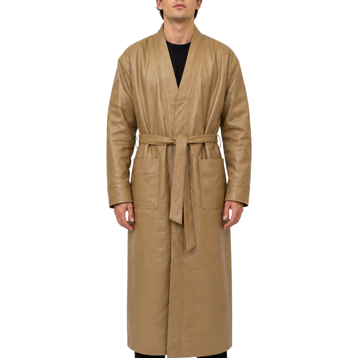 Men's Tan Long Belted Genuine Lambskin Leather Bathrobe