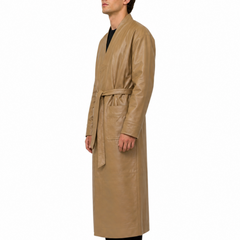Men's Tan Long Belted Genuine Lambskin Leather Bathrobe