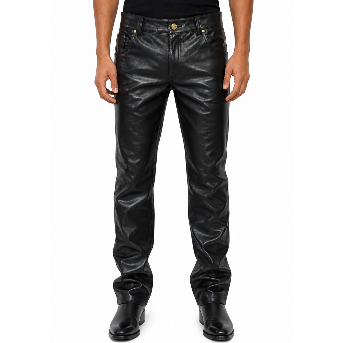 5 Pocket Jeans Style Black Genuine Sheepskin Leather Pant Mens