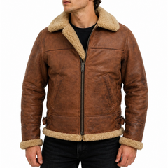 Men's Brown Fur Collar Real Leather Pilot Aviator Bomber Jacket