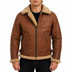 Men's Brown Fur Collar Real Leather Pilot Aviator Bomber Jacket
