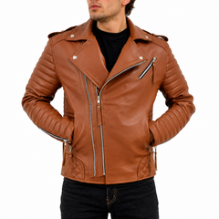 Men's Brando Tan Motorcycle Genuine Leather Biker Jacket
