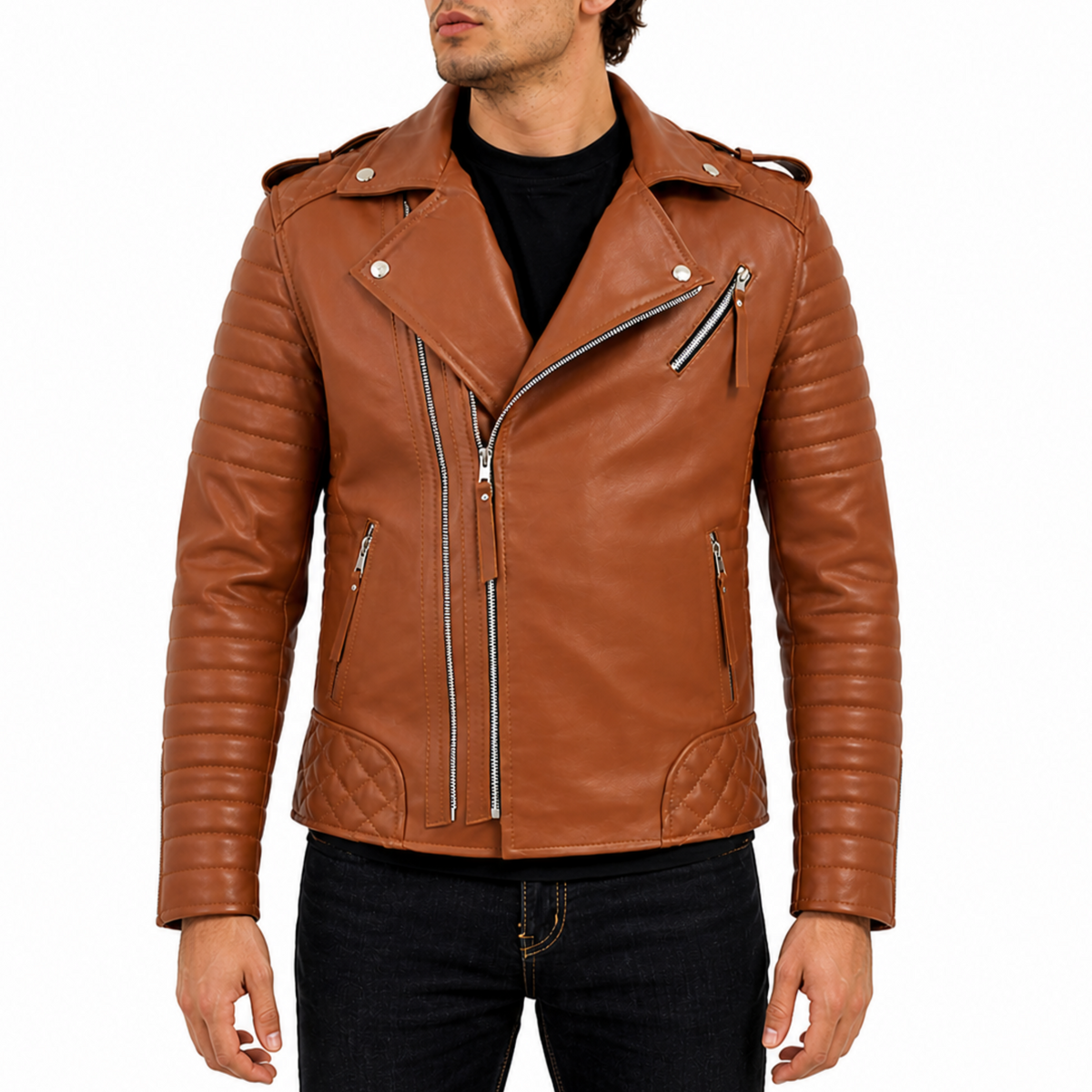 Men's Brando Tan Motorcycle Genuine Leather Biker Jacket