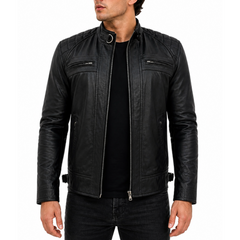 Men's Black Biker Motorcycle Style Genuine Lambskin Leather Jacket