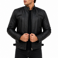Men's Black Biker Motorcycle Style Genuine Lambskin Leather Jacket