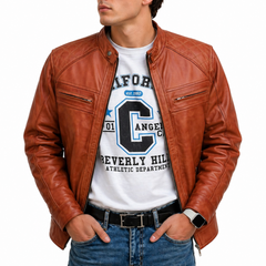 Men's Brown Biker Motorcycle Style Genuine Lambskin Leather Jacket