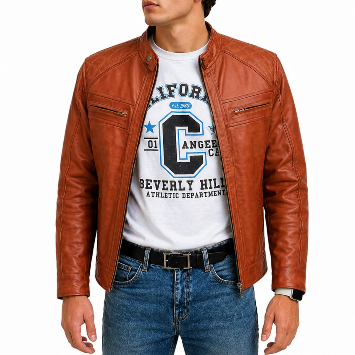 Men's Brown Biker Motorcycle Style Genuine Lambskin Leather Jacket