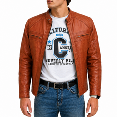 Men's Brown Biker Motorcycle Style Genuine Lambskin Leather Jacket