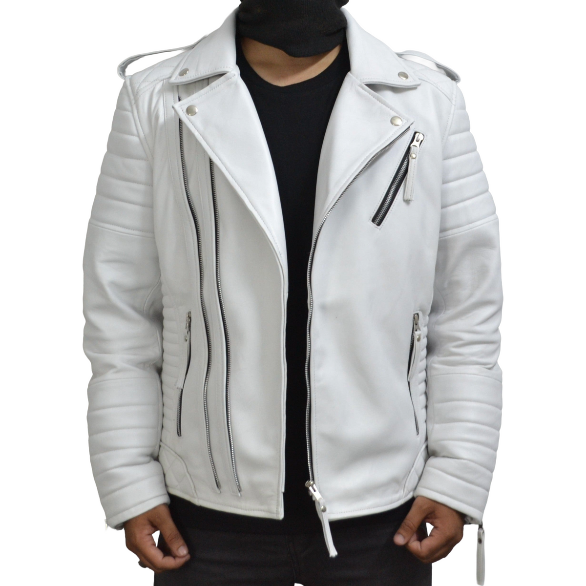 Men's Brando White Motorcycle Genuine Leather Biker Jacket