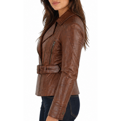 Women's Brown Waxed Motorcycle Genuine Leather Belted Biker Jacket