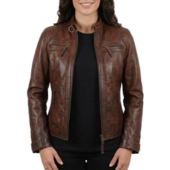 Women Cognac Antique Brown Quilted Cafe Racer Leather Jacket