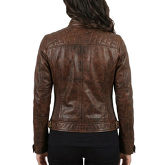 Women Cognac Antique Brown Quilted Cafe Racer Leather Jacket