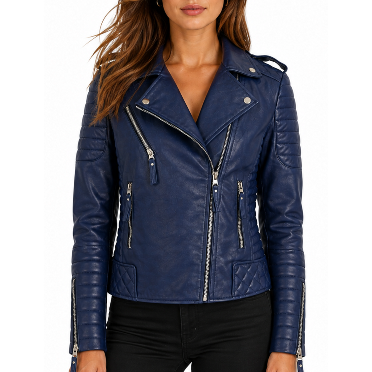Women's Dark-Blue Quilted Padded Motorcycle Genuine Leather Biker Jacket