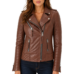 Women Motorcycle Quilted padded Slim fit Biker Genuine Leather Jacket