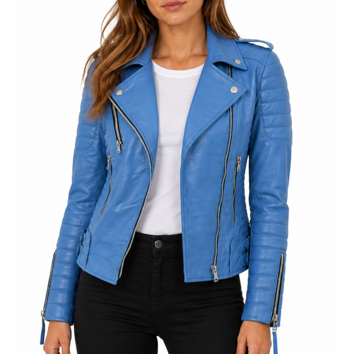 Women's Turquise Blue Motorcycle Genuine Leather Biker Jacket
