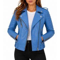 Women's Turquise Blue Motorcycle Genuine Leather Biker Jacket