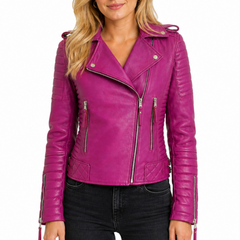 Women's Pink Padded Motorcycle Genuine Leather Biker Jacket