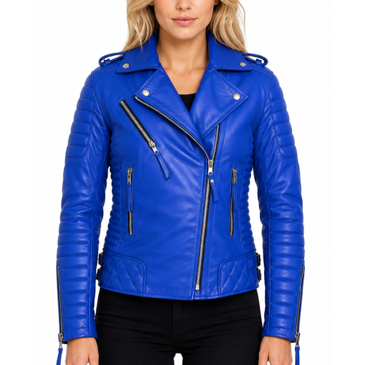 Women's Light-Blue Padded Motorcycle Genuine Leather Biker Jacket