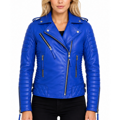 Women's Light-Blue Padded Motorcycle Genuine Leather Biker Jacket