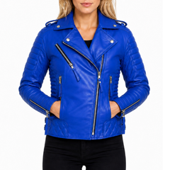 Women's Light-Blue Padded Motorcycle Genuine Leather Biker Jacket