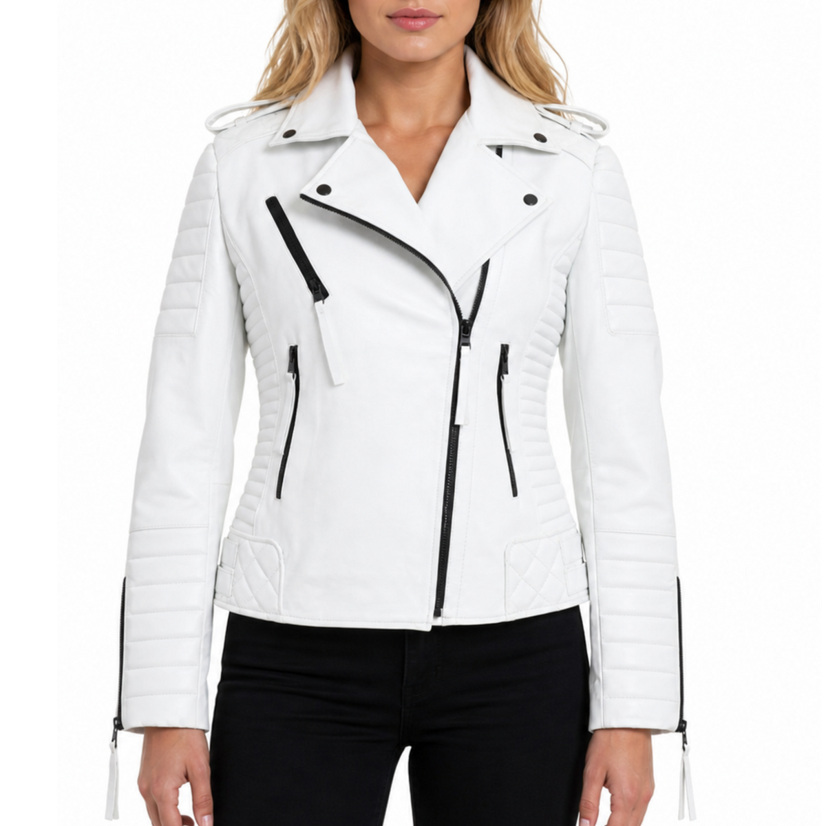 Womens White Biker Quilted Motorcycle Leather Jacket