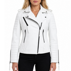Womens White Biker Quilted Motorcycle Leather Jacket