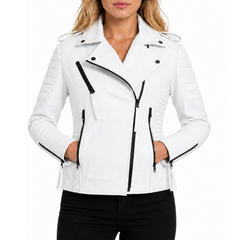 Womens White Biker Quilted Motorcycle Leather Jacket