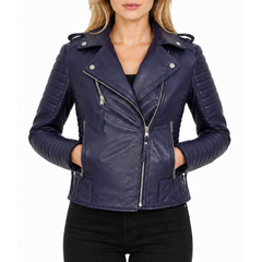 Women's Purple Quilted Motorcycle Genuine Lambskin Leather Biker Jacket